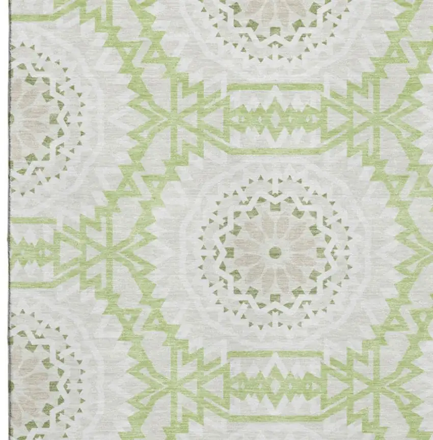 Artichoke Green And Ivory Geometric Washable Area Rug With UV Protection Photo 2