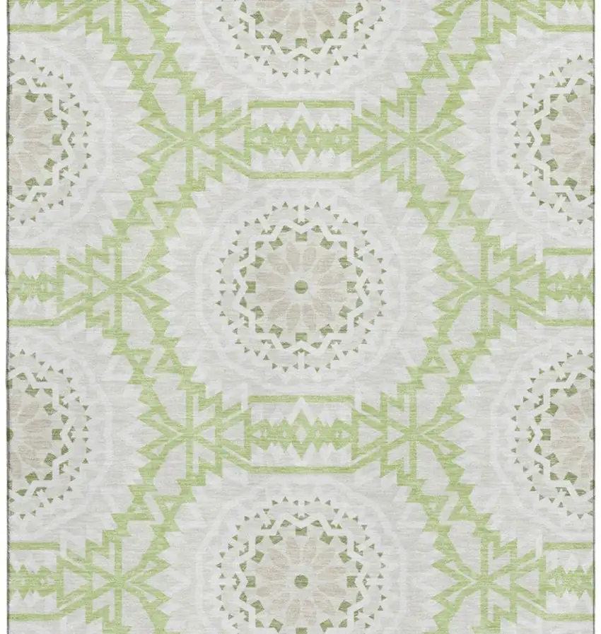 Artichoke Green And Ivory Geometric Washable Area Rug With UV Protection Photo 3