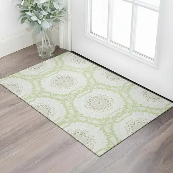Artichoke Green And Ivory Geometric Washable Area Rug With UV Protection Photo 1