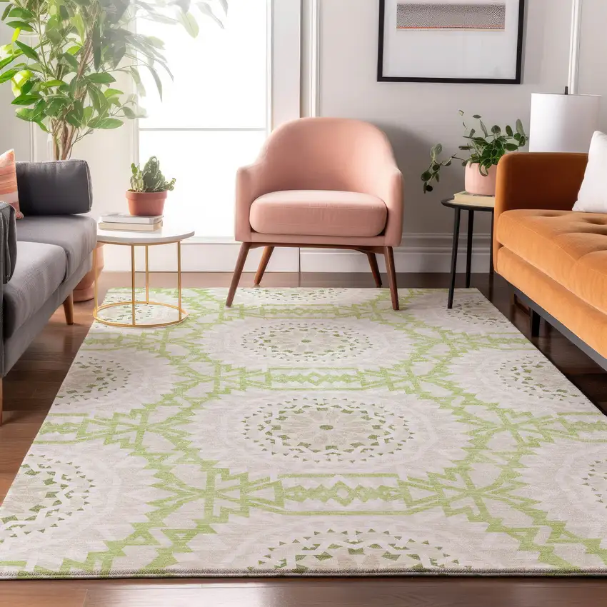 Artichoke Green And Ivory Geometric Washable Area Rug With UV Protection Photo 4