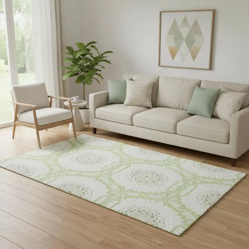 Artichoke Green And Ivory Geometric Washable Area Rug With UV Protection Photo 1