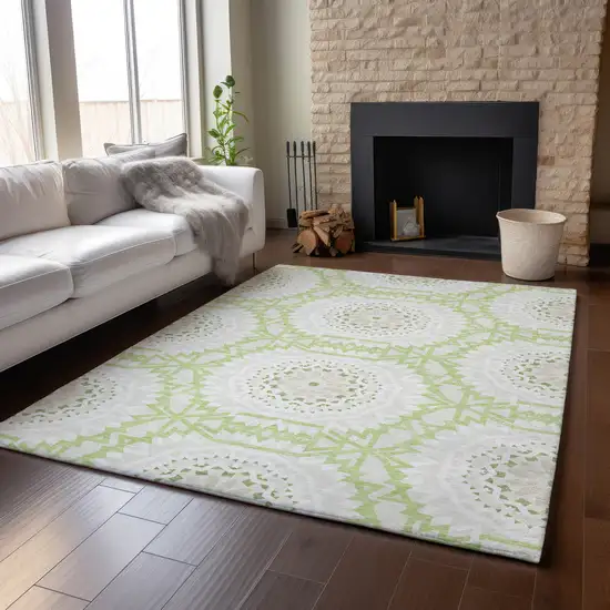 Artichoke Green And Ivory Geometric Washable Area Rug With UV Protection Photo 5