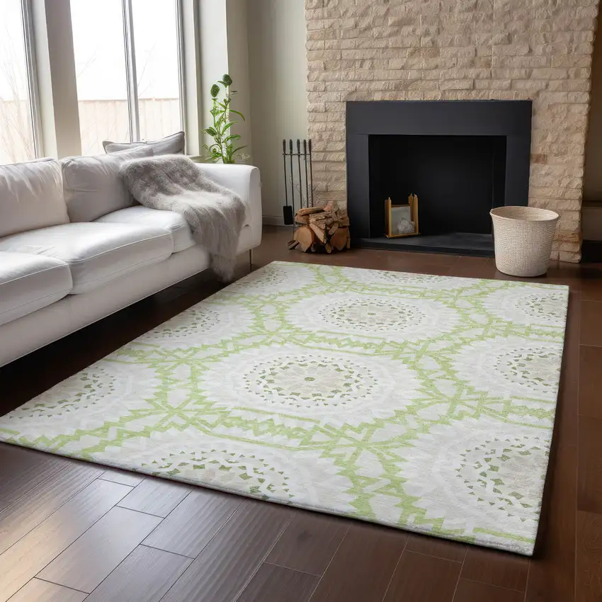 Artichoke Green And Ivory Geometric Washable Area Rug With UV Protection Photo 5