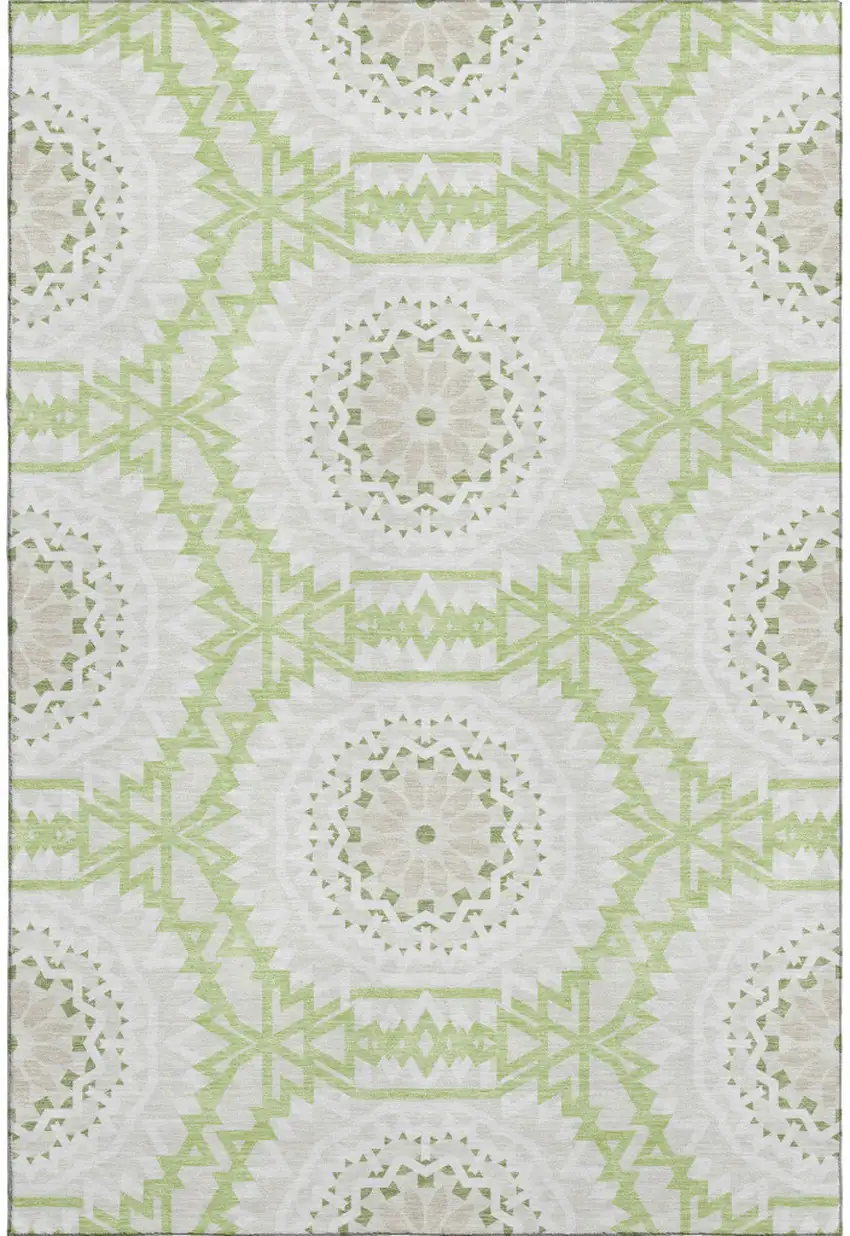 Artichoke Green And Ivory Geometric Washable Area Rug With UV Protection Photo 1