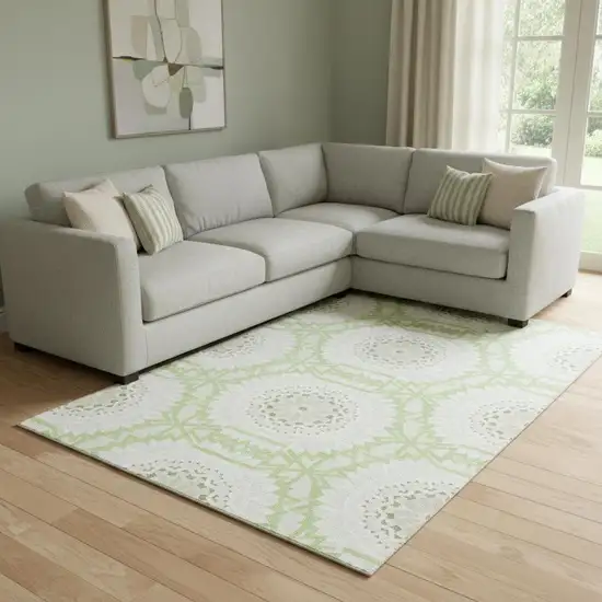 Artichoke Green And Ivory Geometric Washable Area Rug With UV Protection Photo 1