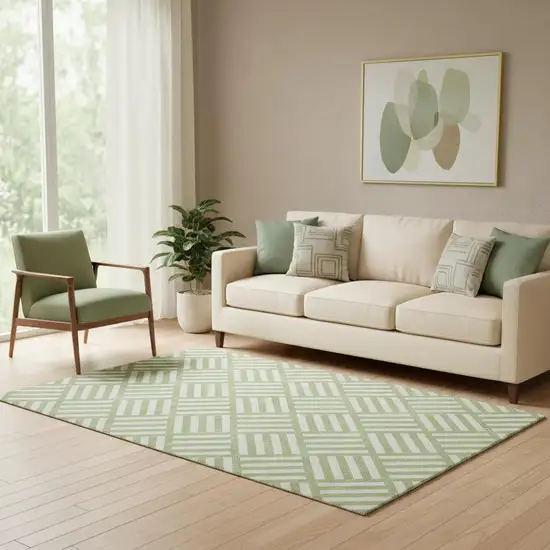 Artichoke Green And Ivory Geometric Washable Area Rug With UV Protection Photo 1