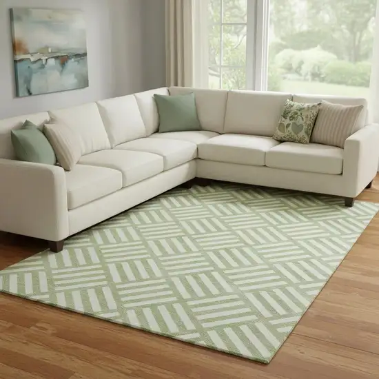 Artichoke Green And Ivory Geometric Washable Area Rug With UV Protection Photo 1