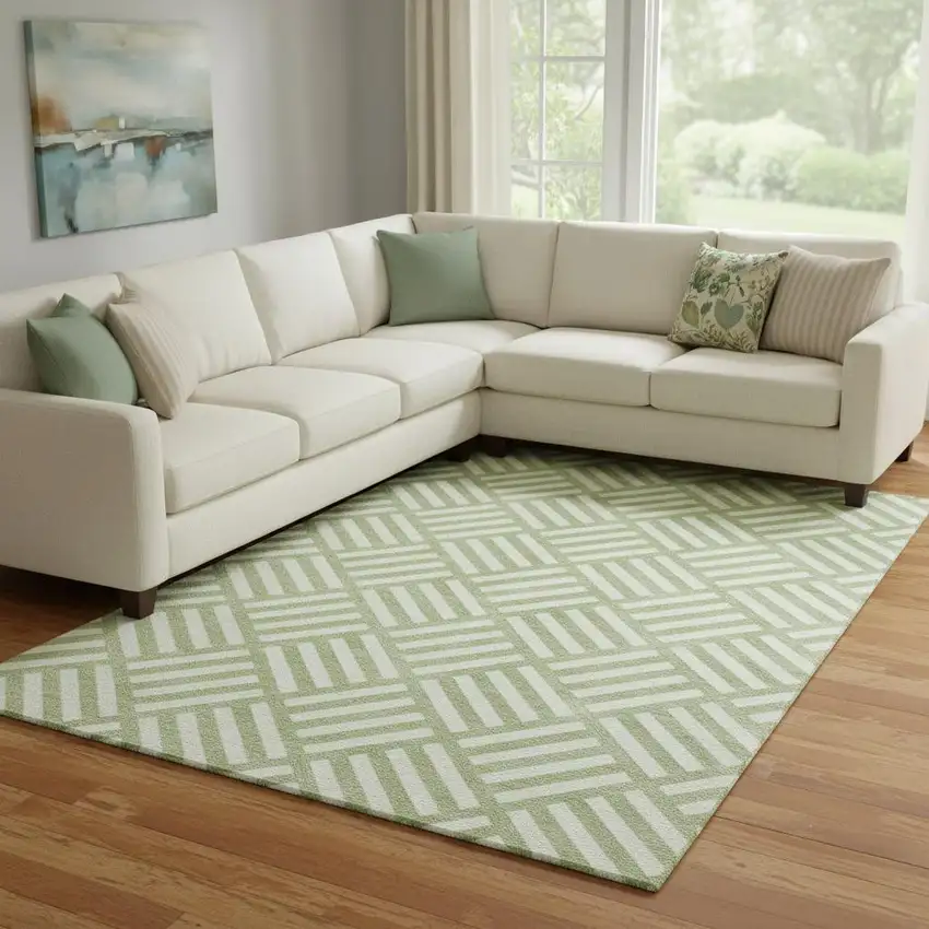 Artichoke Green And Ivory Geometric Washable Area Rug With UV Protection Photo 1