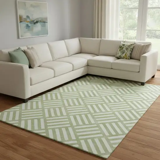 Artichoke Green And Ivory Geometric Washable Area Rug With UV Protection Photo 1
