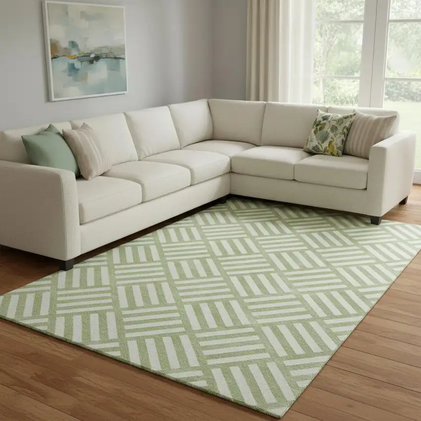 Artichoke Green And Ivory Geometric Washable Area Rug With UV Protection Photo 1