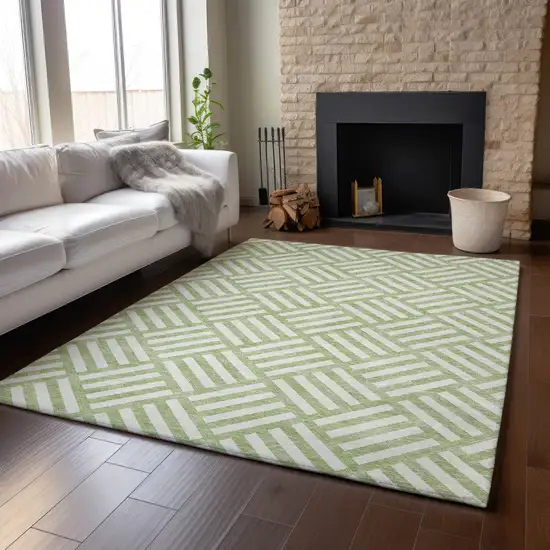 Artichoke Green And Ivory Geometric Washable Area Rug With UV Protection Photo 5