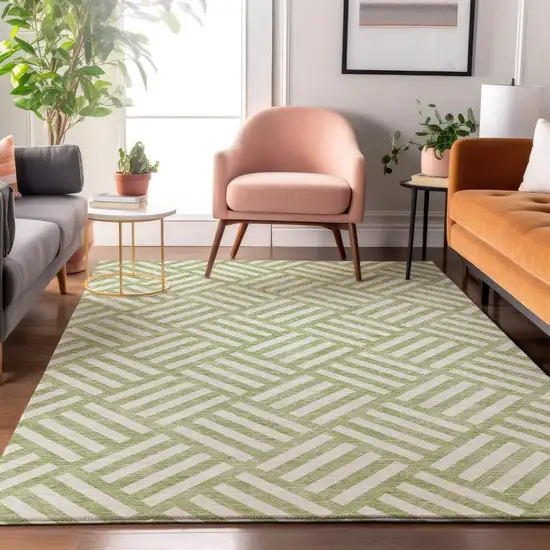 Artichoke Green And Ivory Geometric Washable Area Rug With UV Protection Photo 4