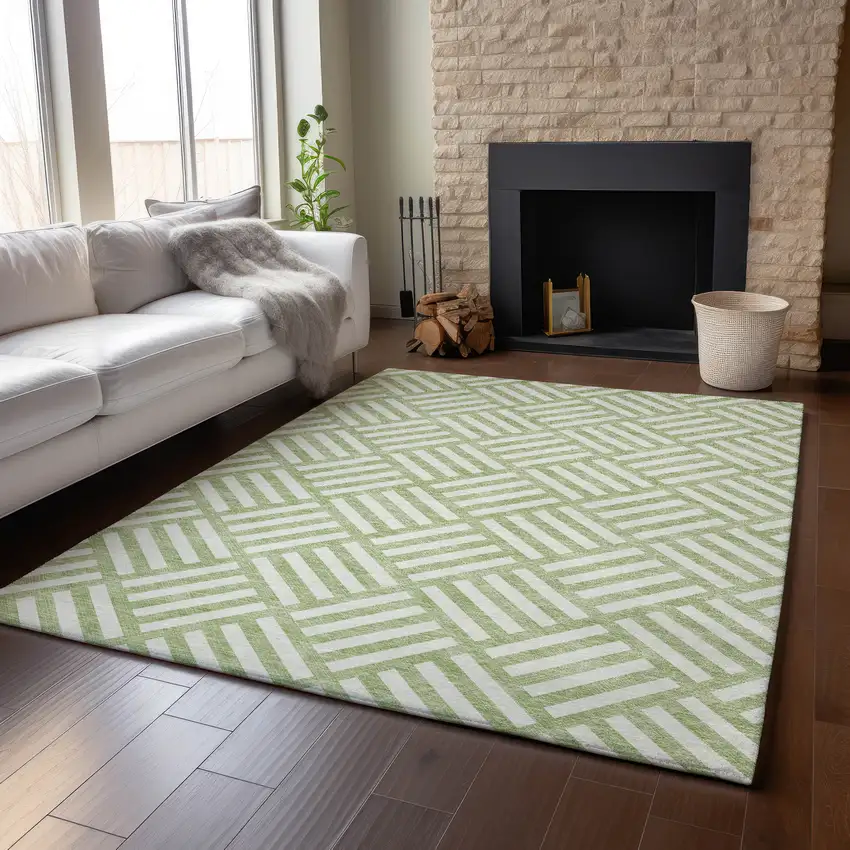 Artichoke Green And Ivory Geometric Washable Area Rug With UV Protection Photo 4
