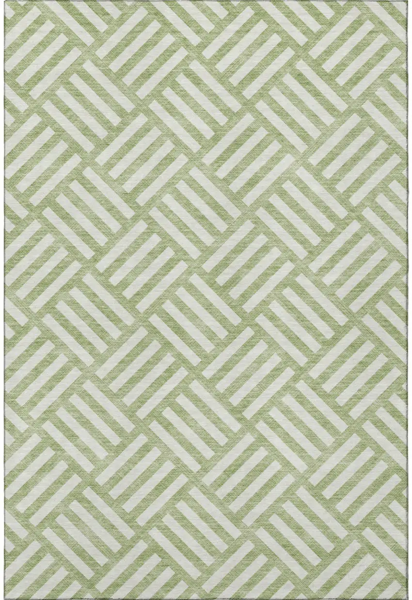 Artichoke Green And Ivory Geometric Washable Area Rug With UV Protection Photo 2