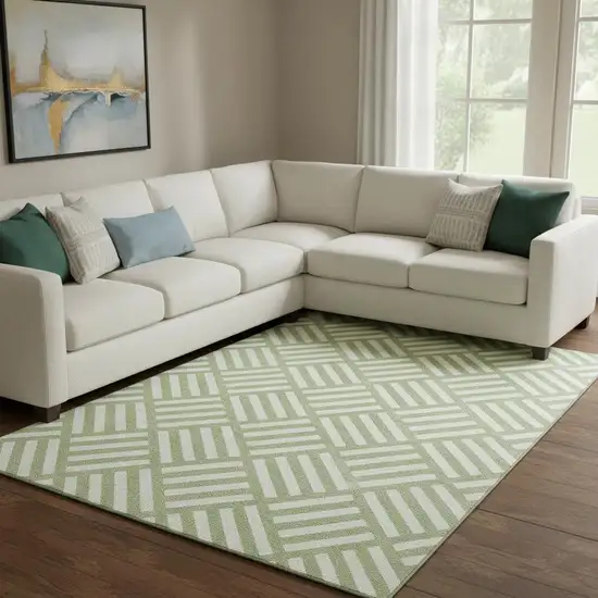 Artichoke Green And Ivory Geometric Washable Area Rug With UV Protection Photo 1