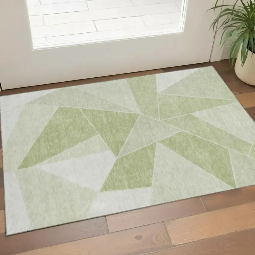 Artichoke Green And Ivory Geometric Washable Area Rug With UV Protection Photo 1