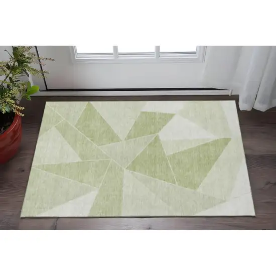 Artichoke Green And Ivory Geometric Washable Area Rug With UV Protection Photo 2