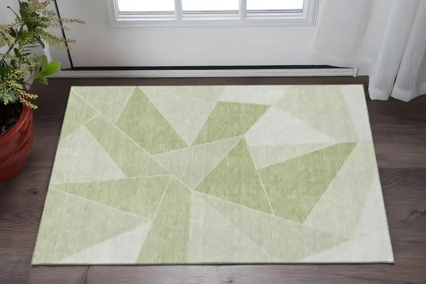 Artichoke Green And Ivory Geometric Washable Area Rug With UV Protection Photo 2