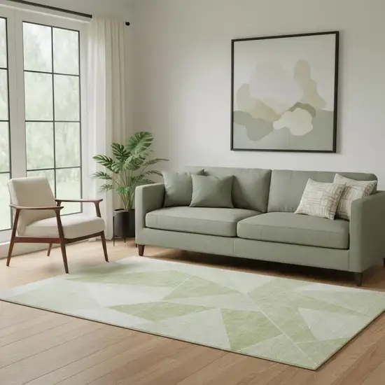 Artichoke Green And Ivory Geometric Washable Area Rug With UV Protection Photo 1