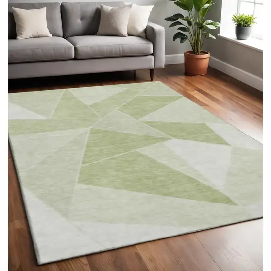 Artichoke Green And Ivory Geometric Washable Area Rug With UV Protection Photo 2