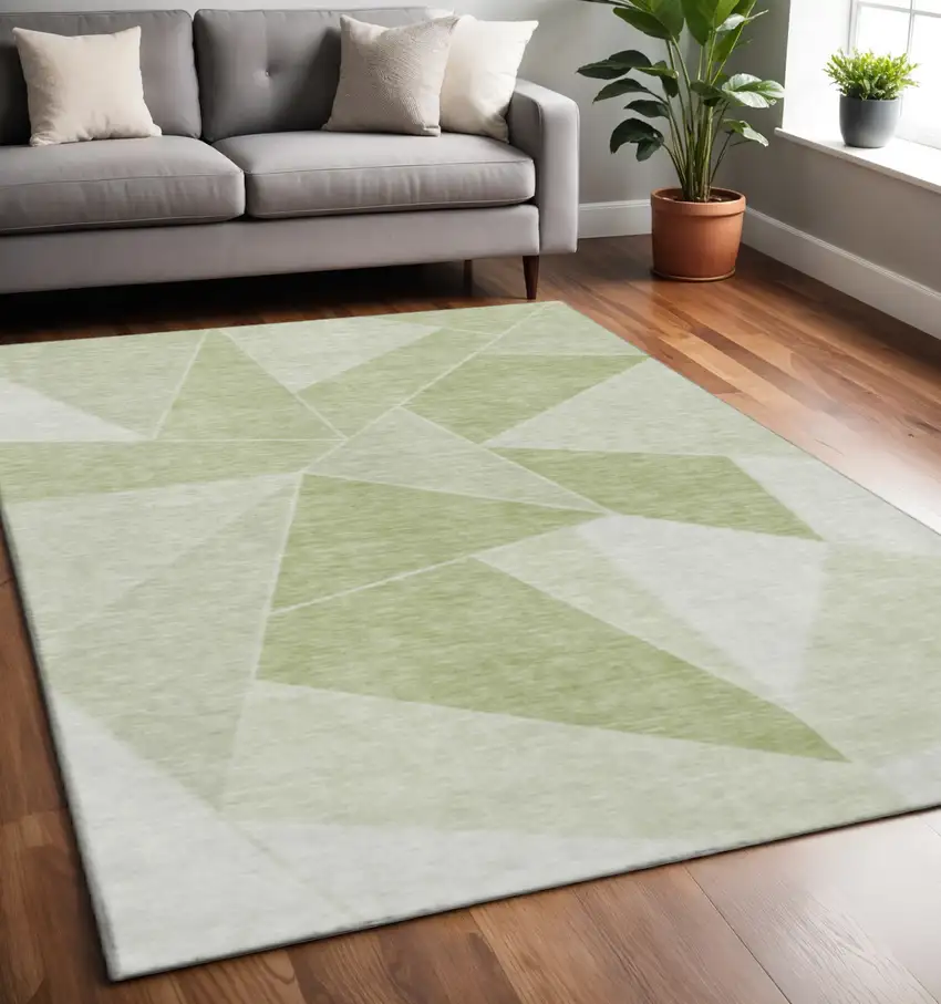 Artichoke Green And Ivory Geometric Washable Area Rug With UV Protection Photo 2