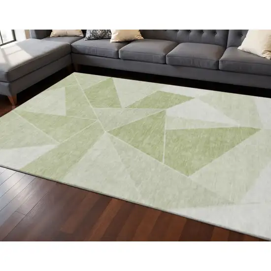 Artichoke Green And Ivory Geometric Washable Area Rug With UV Protection Photo 2