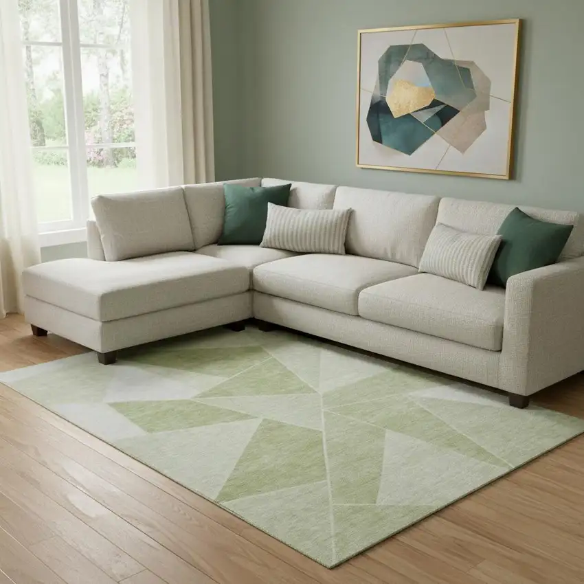 Artichoke Green And Ivory Geometric Washable Area Rug With UV Protection Photo 1