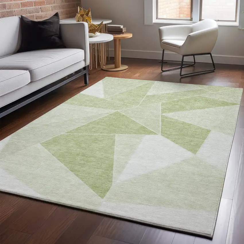 Artichoke Green And Ivory Geometric Washable Area Rug With UV Protection Photo 5