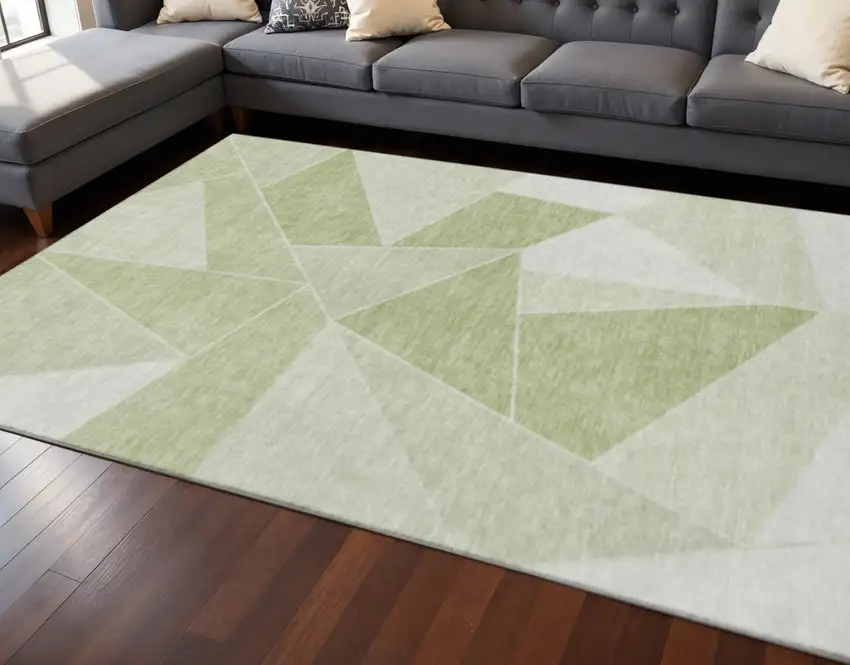 Artichoke Green And Ivory Geometric Washable Area Rug With UV Protection Photo 2