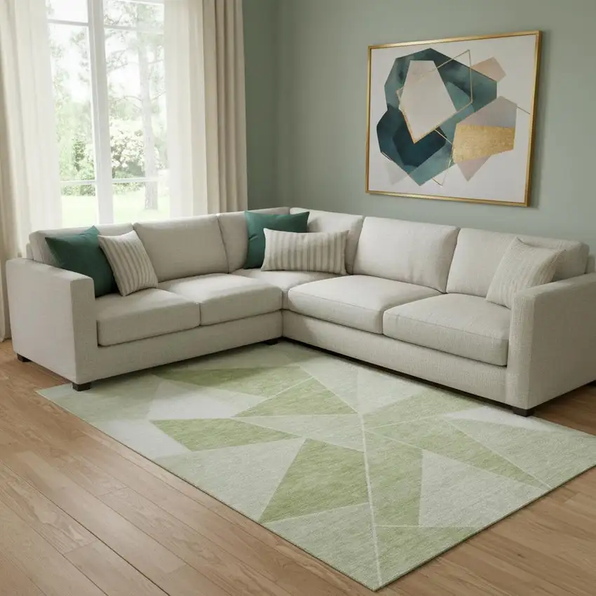Artichoke Green And Ivory Geometric Washable Area Rug With UV Protection Photo 1