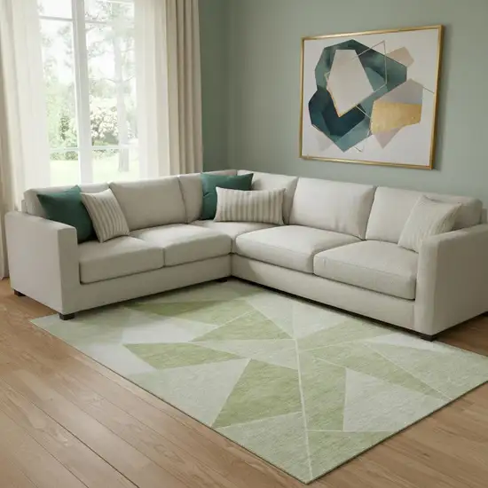 Artichoke Green And Ivory Geometric Washable Area Rug With UV Protection Photo 1