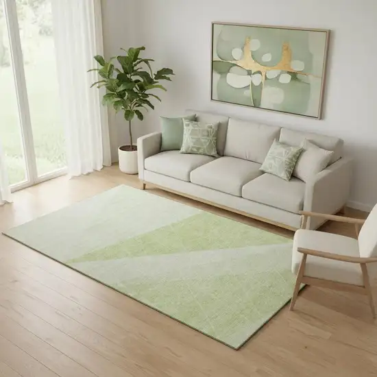 Artichoke Green And Ivory Geometric Washable Area Rug With UV Protection Photo 1