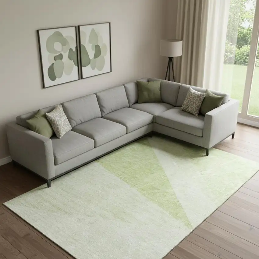 Artichoke Green And Ivory Geometric Washable Area Rug With UV Protection Photo 1