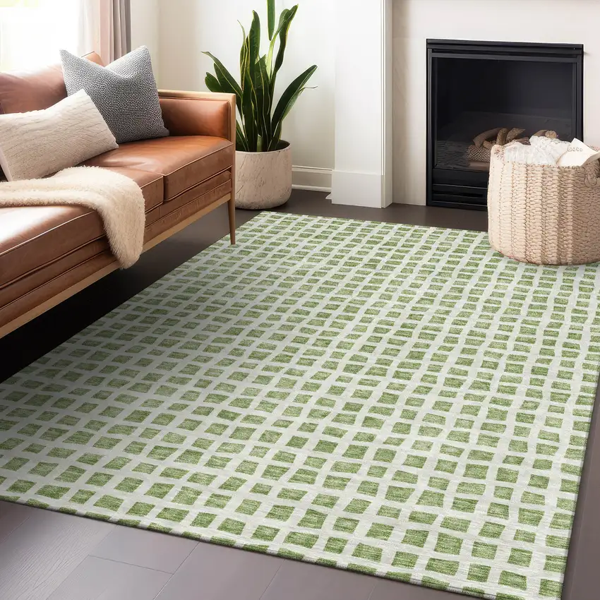 Artichoke Green And Ivory Geometric Washable Area Rug With UV Protection Photo 6