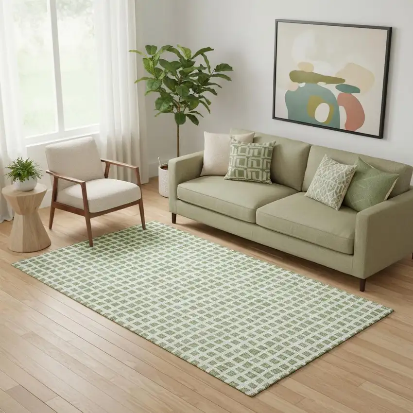 Artichoke Green And Ivory Geometric Washable Area Rug With UV Protection Photo 1