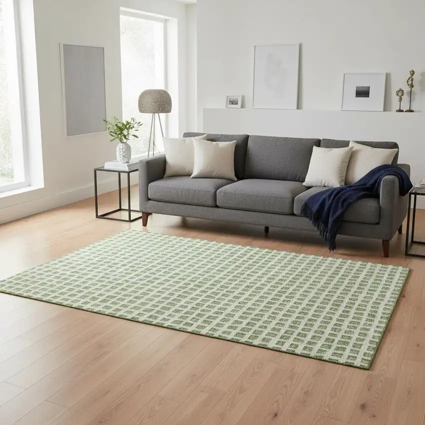 Artichoke Green And Ivory Geometric Washable Area Rug With UV Protection Photo 2