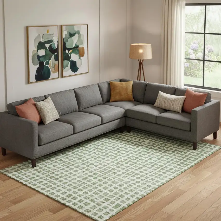 Artichoke Green And Ivory Geometric Washable Area Rug With UV Protection Photo 1