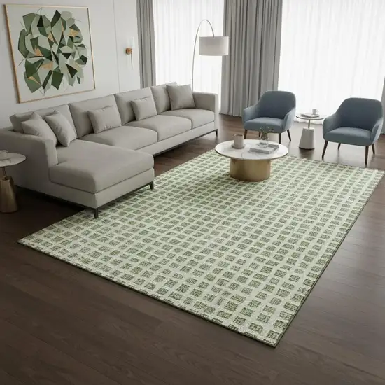 Artichoke Green And Ivory Geometric Washable Area Rug With UV Protection Photo 2