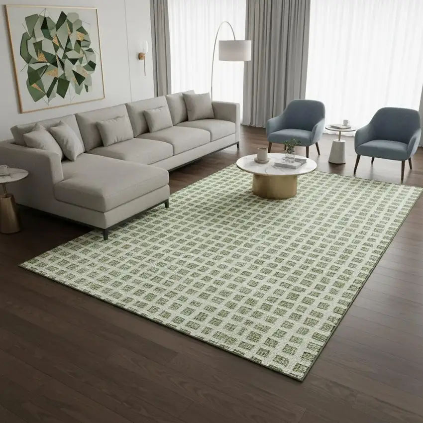 Artichoke Green And Ivory Geometric Washable Area Rug With UV Protection Photo 2