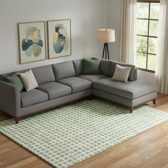 Artichoke Green And Ivory Geometric Washable Area Rug With UV Protection Photo 1