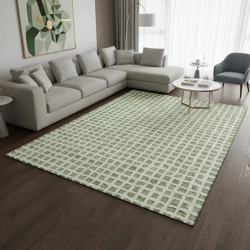 Artichoke Green And Ivory Geometric Washable Area Rug With UV Protection Photo 2