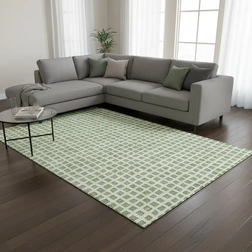 Artichoke Green And Ivory Geometric Washable Area Rug With UV Protection Photo 2