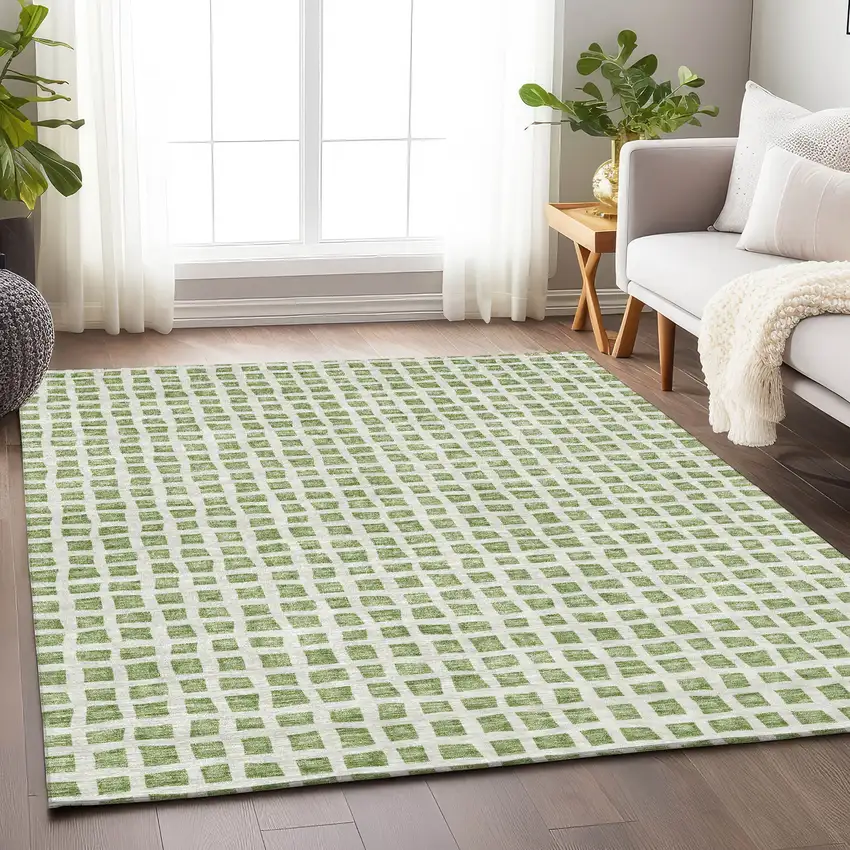 Artichoke Green And Ivory Geometric Washable Area Rug With UV Protection Photo 5
