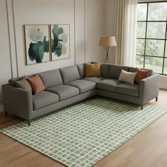 Artichoke Green And Ivory Geometric Washable Area Rug With UV Protection Photo 1