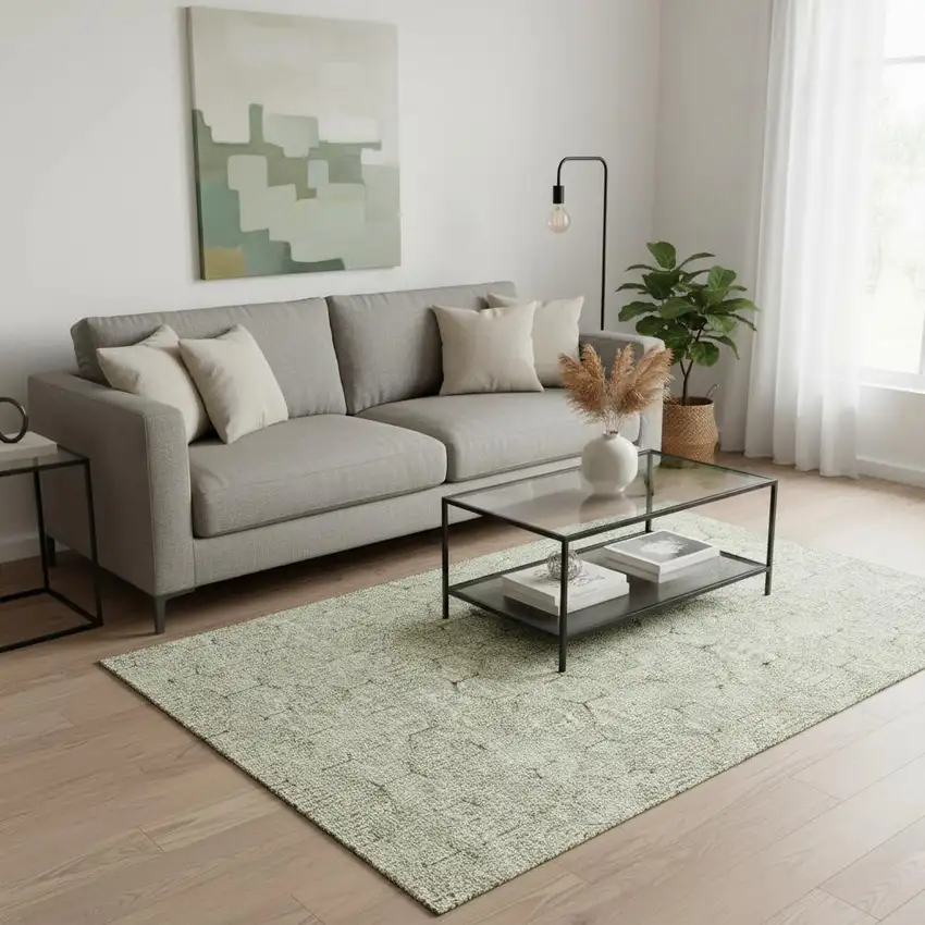 Artichoke Green And Ivory Geometric Washable Area Rug With UV Protection Photo 2