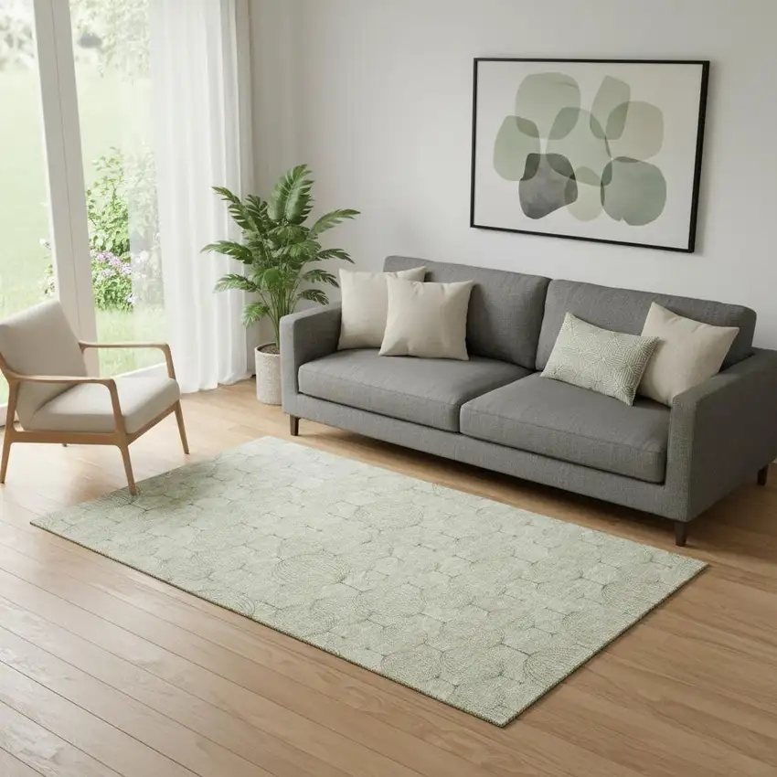 Artichoke Green And Ivory Geometric Washable Area Rug With UV Protection Photo 1