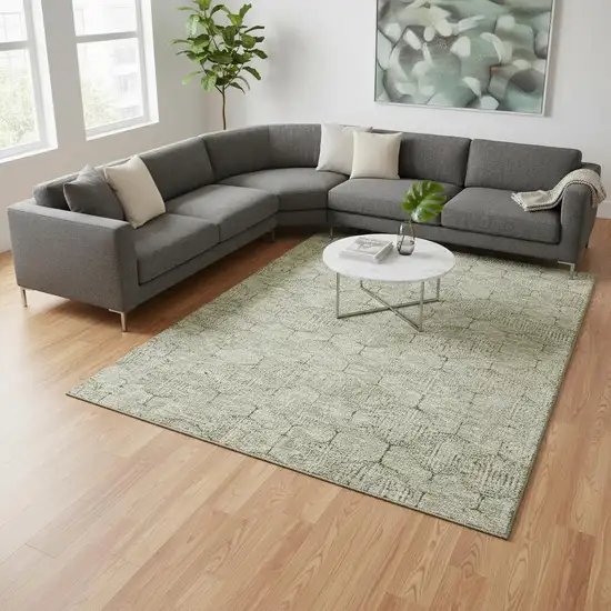 Artichoke Green And Ivory Geometric Washable Area Rug With UV Protection Photo 2