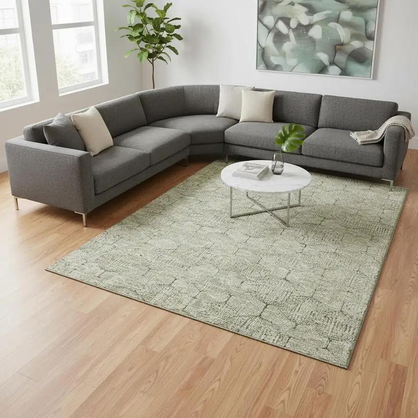 Artichoke Green And Ivory Geometric Washable Area Rug With UV Protection Photo 2