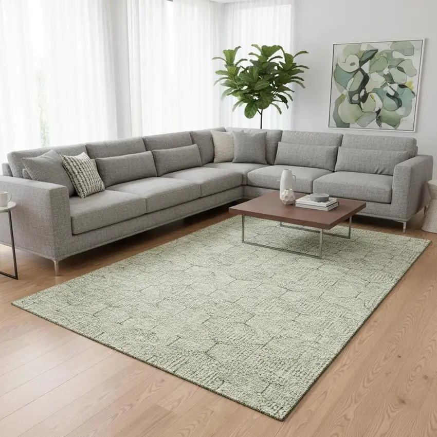 Artichoke Green And Ivory Geometric Washable Area Rug With UV Protection Photo 2