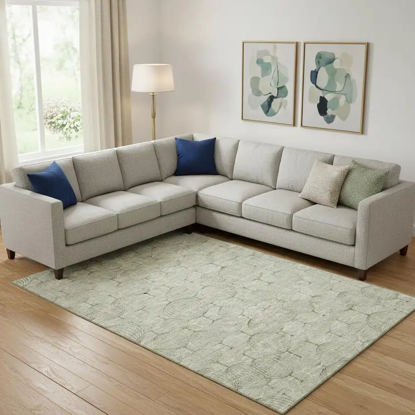 Artichoke Green And Ivory Geometric Washable Area Rug With UV Protection Photo 5